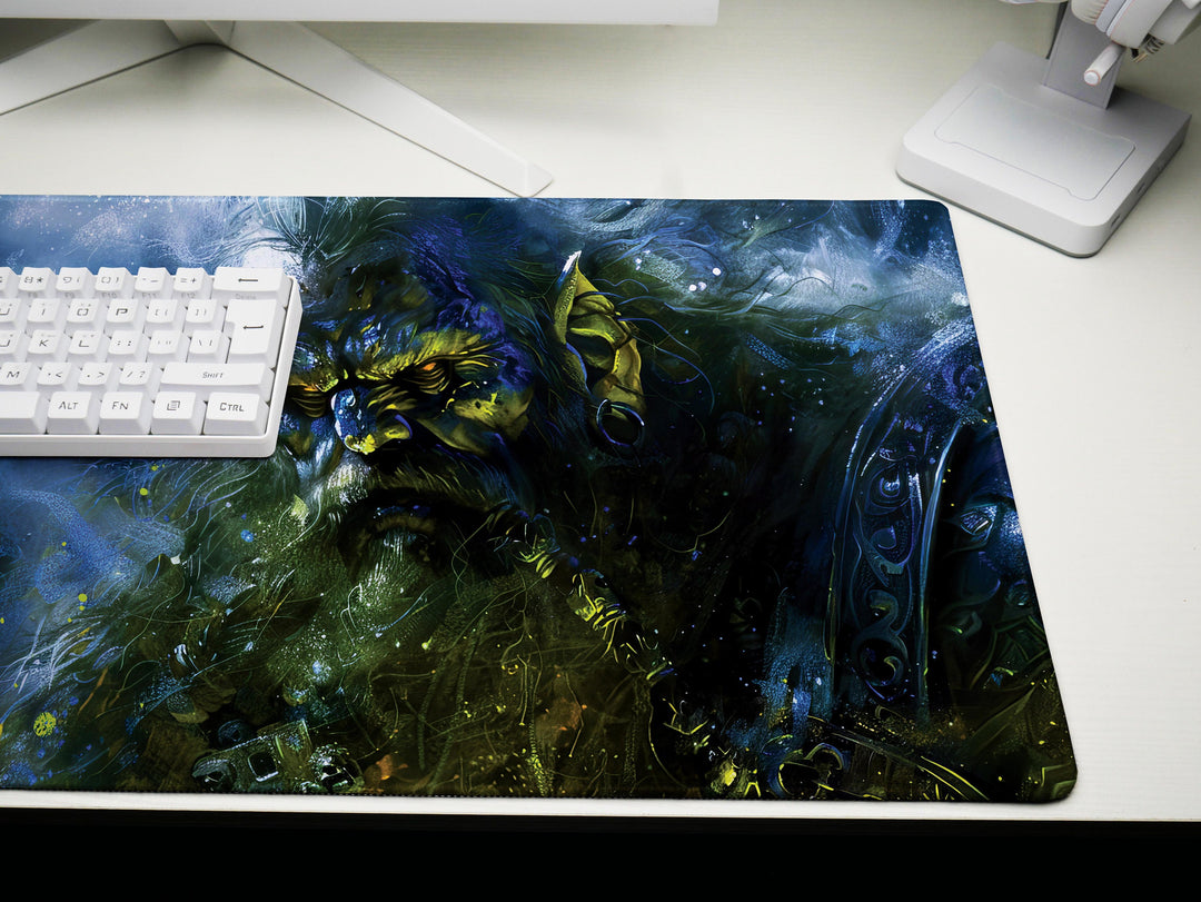 Shadowed Dwarf Champion, Desk Pad, Mouse Pad, Desk Mat, Mystic Blue Aura, Fantasy Warrior, Ancient Defender, Dark Magic