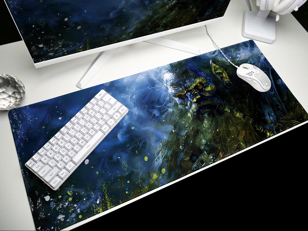 Shadowed Dwarf Champion, Desk Pad, Mouse Pad, Desk Mat, Mystic Blue Aura, Fantasy Warrior, Ancient Defender, Dark Magic