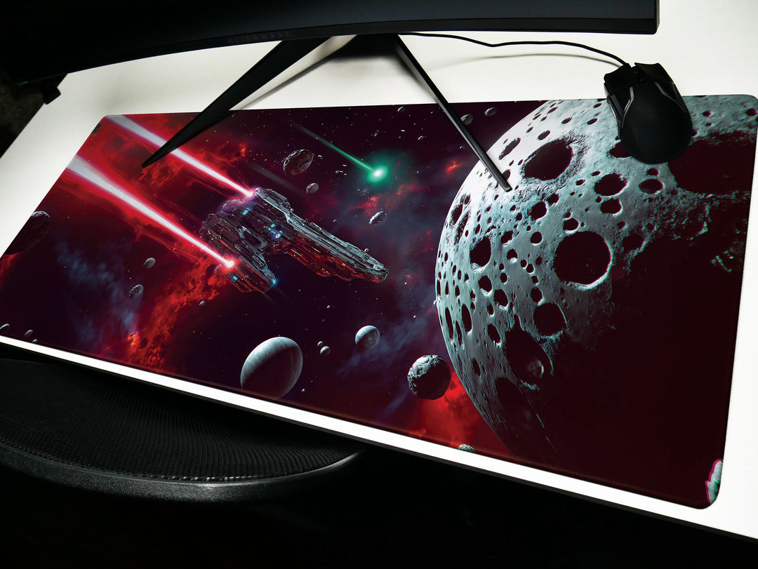 Asteroid Field Encounter, Desk Pad, Mouse Pad, Desk Mat, Intense Space Battle, Cosmic Conflict, Sci-Fi Adventure