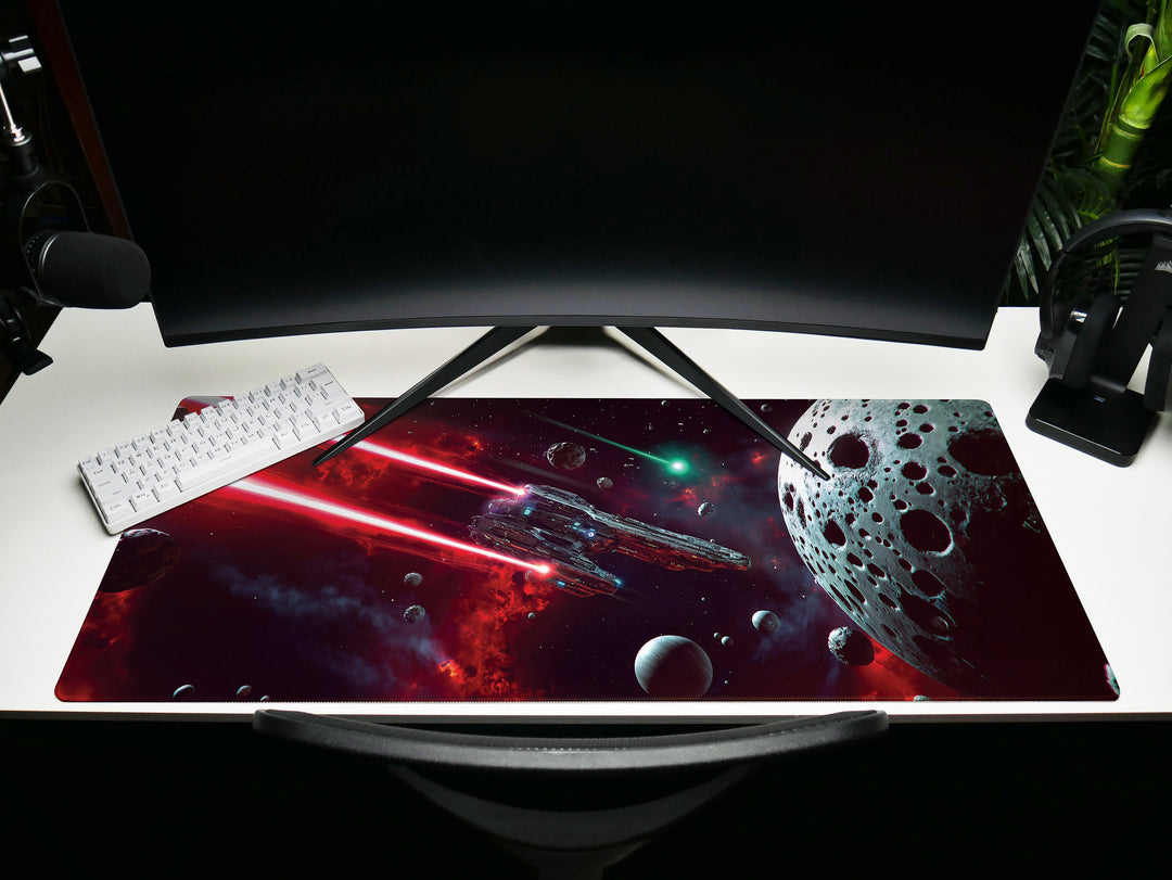 Asteroid Field Encounter, Desk Pad, Mouse Pad, Desk Mat, Intense Space Battle, Cosmic Conflict, Sci-Fi Adventure