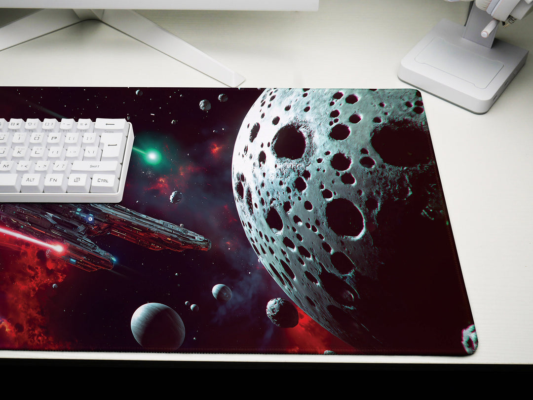 Asteroid Field Encounter, Desk Pad, Mouse Pad, Desk Mat, Intense Space Battle, Cosmic Conflict, Sci-Fi Adventure