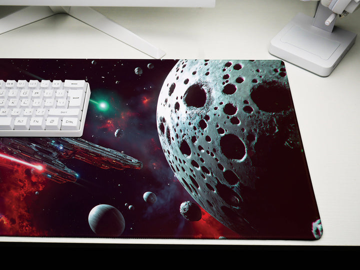 Asteroid Field Encounter, Desk Pad, Mouse Pad, Desk Mat, Intense Space Battle, Cosmic Conflict, Sci-Fi Adventure