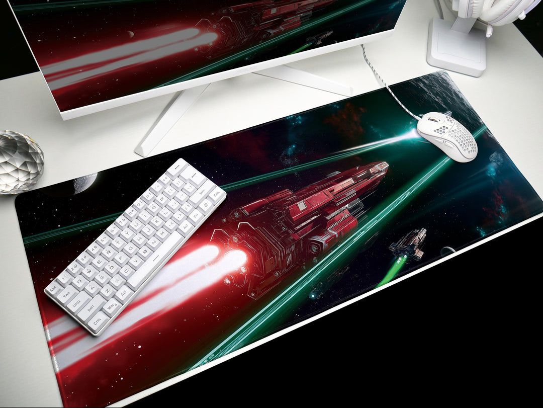 Space Battle Cruiser, Desk Pad, Mouse Pad, Desk Mat, Epic Sci-Fi Combat, Red and Green Laser Beams, Futuristic Spaceships