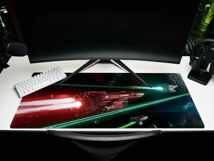 Space Battle Cruiser, Desk Pad, Mouse Pad, Desk Mat, Epic Sci-Fi Combat, Red and Green Laser Beams, Futuristic Spaceships