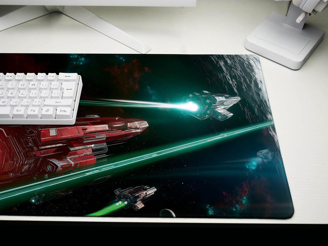 Space Battle Cruiser, Desk Pad, Mouse Pad, Desk Mat, Epic Sci-Fi Combat, Red and Green Laser Beams, Futuristic Spaceships