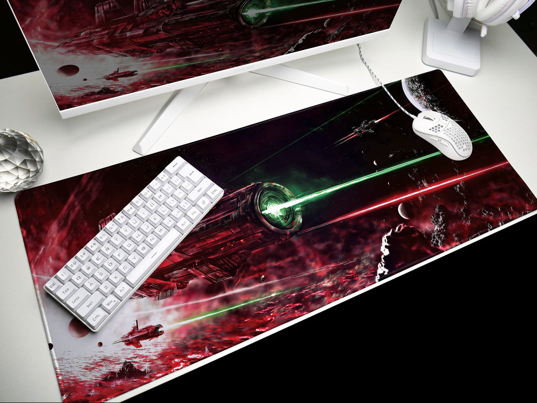 Intergalactic Showdown, Desk Pad, Mouse Pad, Desk Mat, Intense Space Battle, Red and Green Lasers, Futuristic Warship