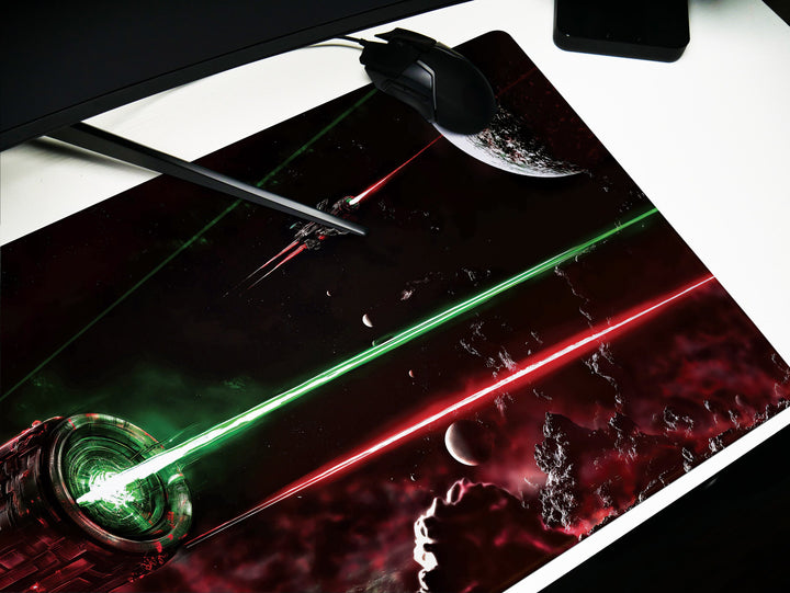Intergalactic Showdown, Desk Pad, Mouse Pad, Desk Mat, Intense Space Battle, Red and Green Lasers, Futuristic Warship