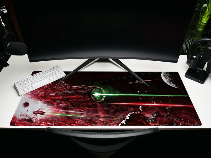 Intergalactic Showdown, Desk Pad, Mouse Pad, Desk Mat, Intense Space Battle, Red and Green Lasers, Futuristic Warship