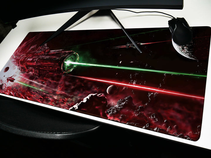 Intergalactic Showdown, Desk Pad, Mouse Pad, Desk Mat, Intense Space Battle, Red and Green Lasers, Futuristic Warship