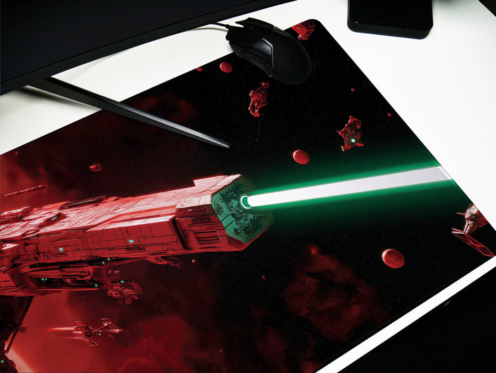 Crimson Space Armada, Desk Pad, Mouse Pad, Desk Mat, Massive Starfleet, Red Planet Encounter, Epic Sci-Fi Battle