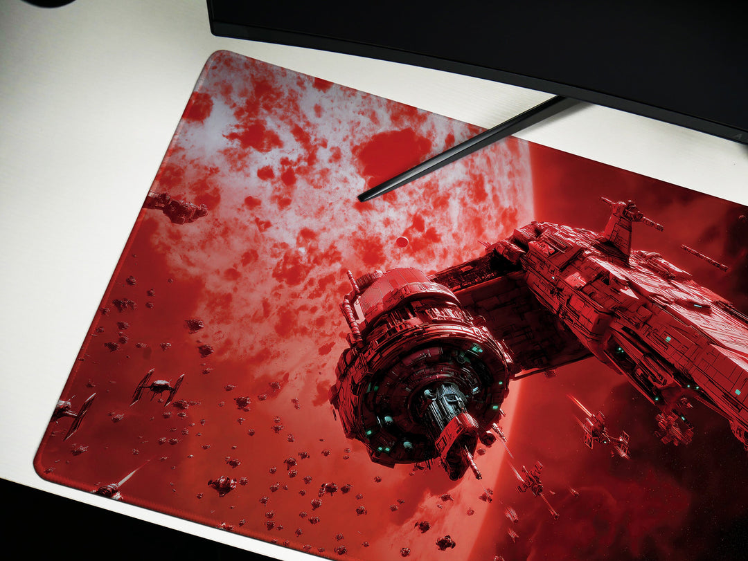 Crimson Space Armada, Desk Pad, Mouse Pad, Desk Mat, Massive Starfleet, Red Planet Encounter, Epic Sci-Fi Battle
