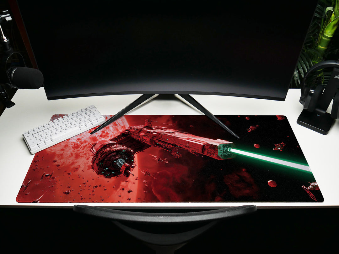 Crimson Space Armada, Desk Pad, Mouse Pad, Desk Mat, Massive Starfleet, Red Planet Encounter, Epic Sci-Fi Battle