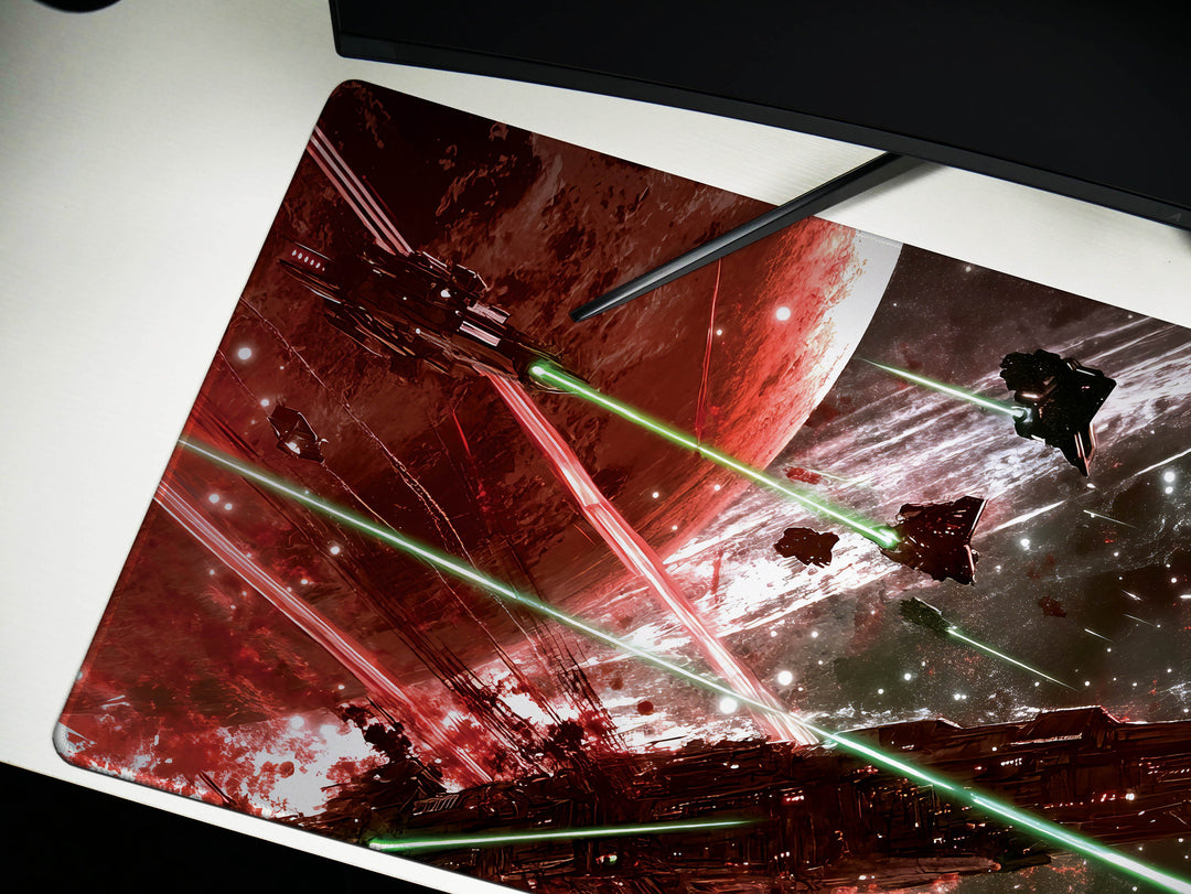 Galactic Conflict, Desk Pad, Mouse Pad, Desk Mat, Intense Space Warfare, Red and Green Laser Battle, Epic Starships