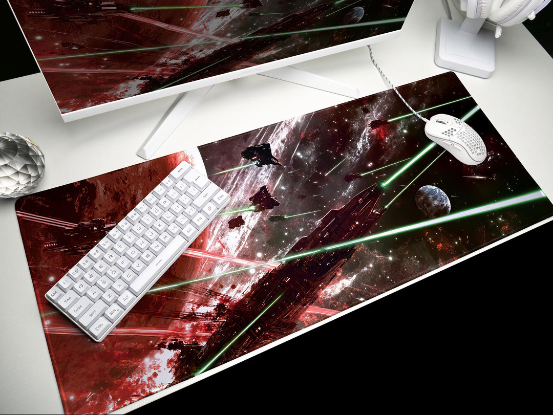 Galactic Conflict, Desk Pad, Mouse Pad, Desk Mat, Intense Space Warfare, Red and Green Laser Battle, Epic Starships
