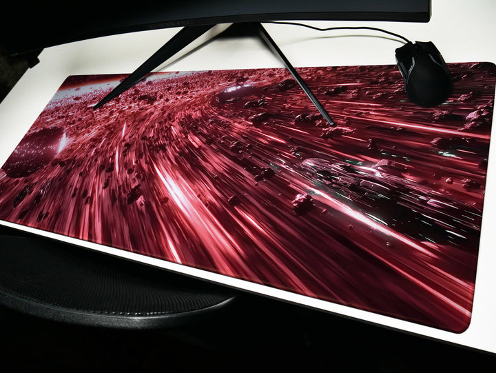 Asteroid Field Chase, Desk Pad, Mouse Pad, Desk Mat, High-Speed Space Pursuit, Red and Black Cosmic Scene, Sci-Fi Art