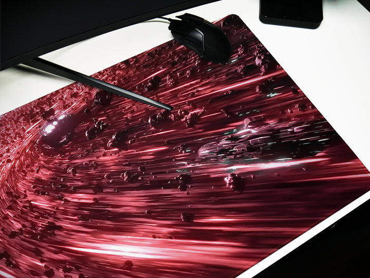 Asteroid Field Chase, Desk Pad, Mouse Pad, Desk Mat, High-Speed Space Pursuit, Red and Black Cosmic Scene, Sci-Fi Art