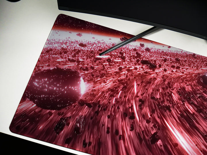 Asteroid Field Chase, Desk Pad, Mouse Pad, Desk Mat, High-Speed Space Pursuit, Red and Black Cosmic Scene, Sci-Fi Art