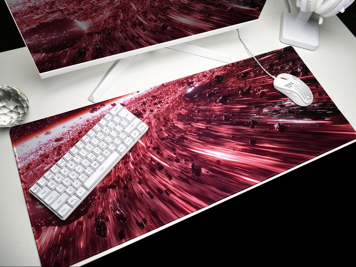 Asteroid Field Chase, Desk Pad, Mouse Pad, Desk Mat, High-Speed Space Pursuit, Red and Black Cosmic Scene, Sci-Fi Art