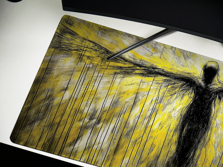 Ascendant Form, Desk Pad, Mouse Pad, Desk Mat, Abstract Figure, Neon Yellow and Black Art, Expansive Wings