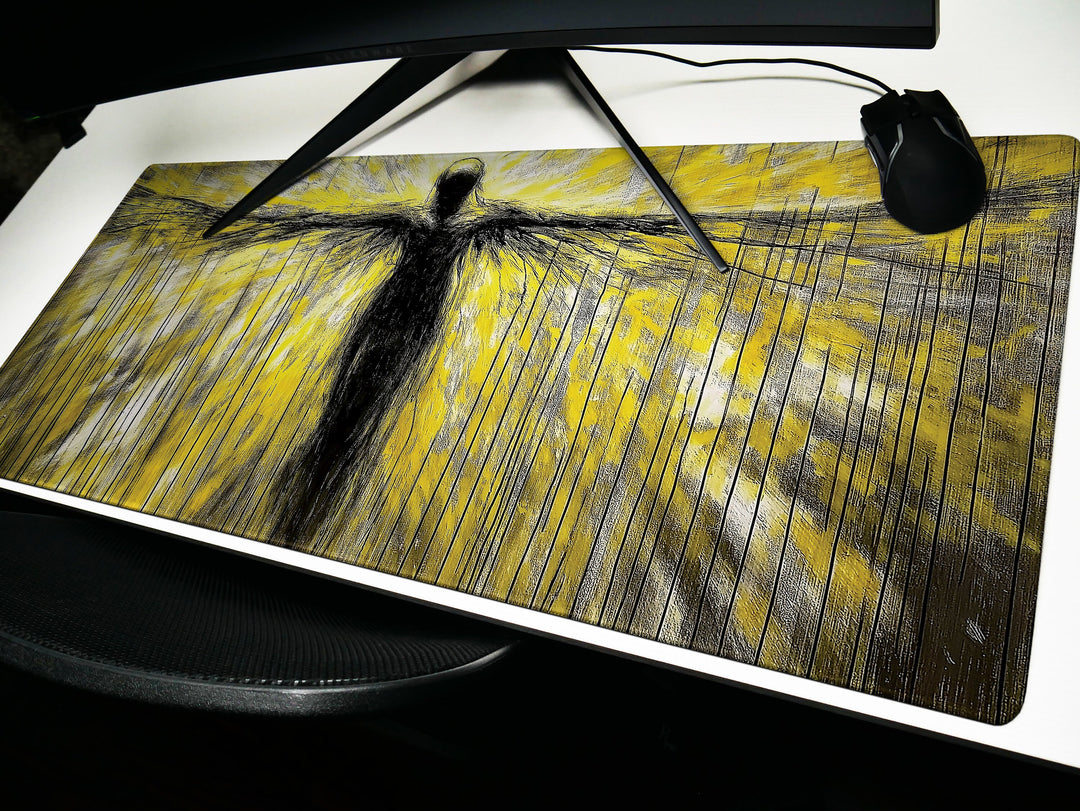 Ascendant Form, Desk Pad, Mouse Pad, Desk Mat, Abstract Figure, Neon Yellow and Black Art, Expansive Wings