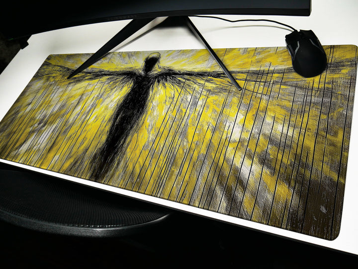 Ascendant Form, Desk Pad, Mouse Pad, Desk Mat, Abstract Figure, Neon Yellow and Black Art, Expansive Wings