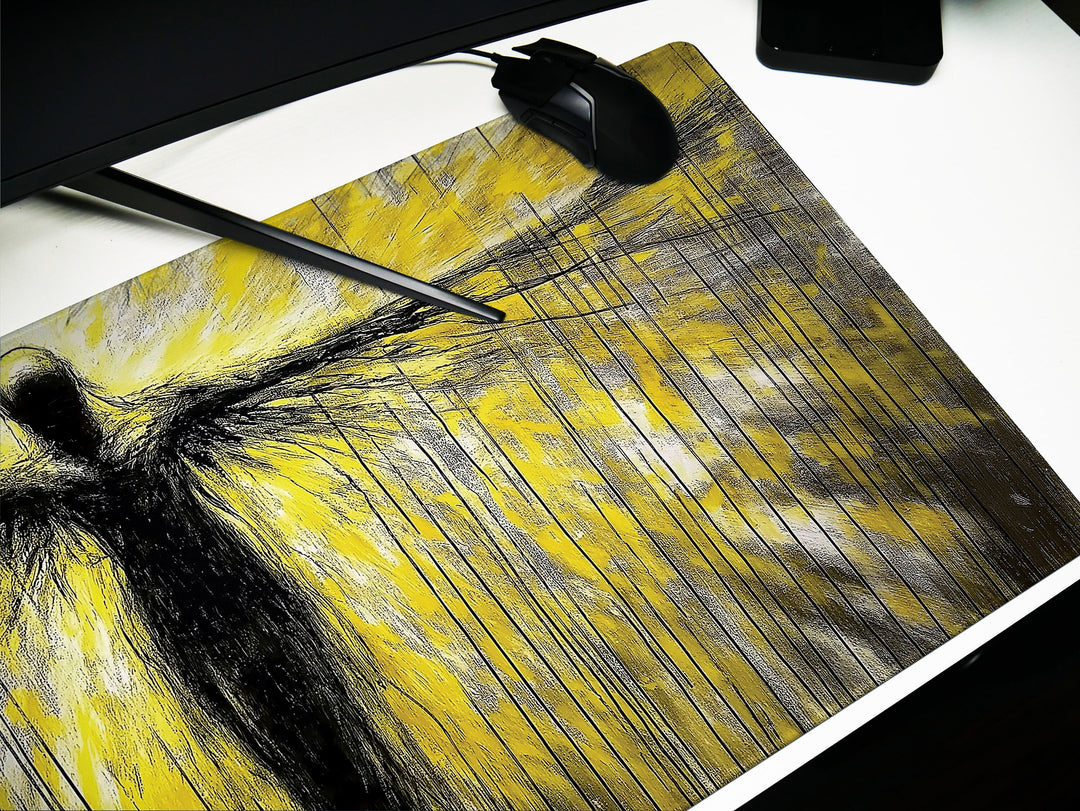 Ascendant Form, Desk Pad, Mouse Pad, Desk Mat, Abstract Figure, Neon Yellow and Black Art, Expansive Wings