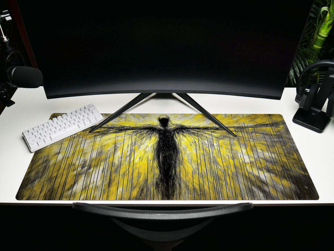 Ascendant Form, Desk Pad, Mouse Pad, Desk Mat, Abstract Figure, Neon Yellow and Black Art, Expansive Wings