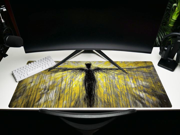 Ascendant Form, Desk Pad, Mouse Pad, Desk Mat, Abstract Figure, Neon Yellow and Black Art, Expansive Wings