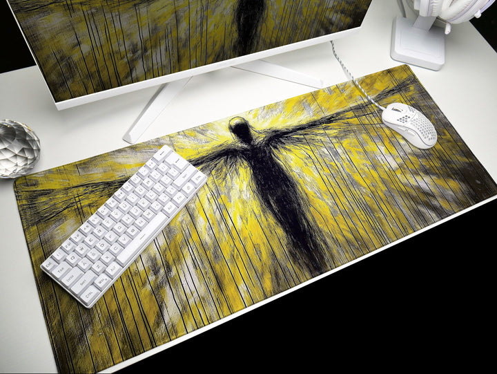 Ascendant Form, Desk Pad, Mouse Pad, Desk Mat, Abstract Figure, Neon Yellow and Black Art, Expansive Wings