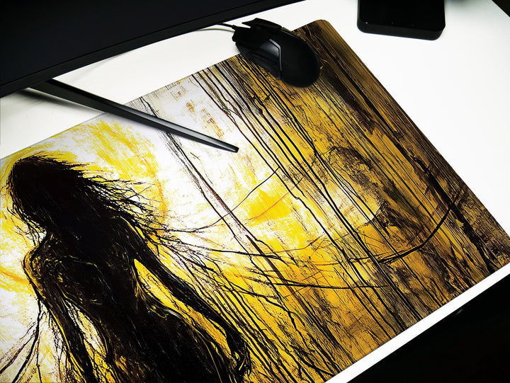 Veil of Shadows, Desk Pad, Mouse Pad, Desk Mat, Haunting Female Silhouette, Creepy Art, Neon Yellow and Black