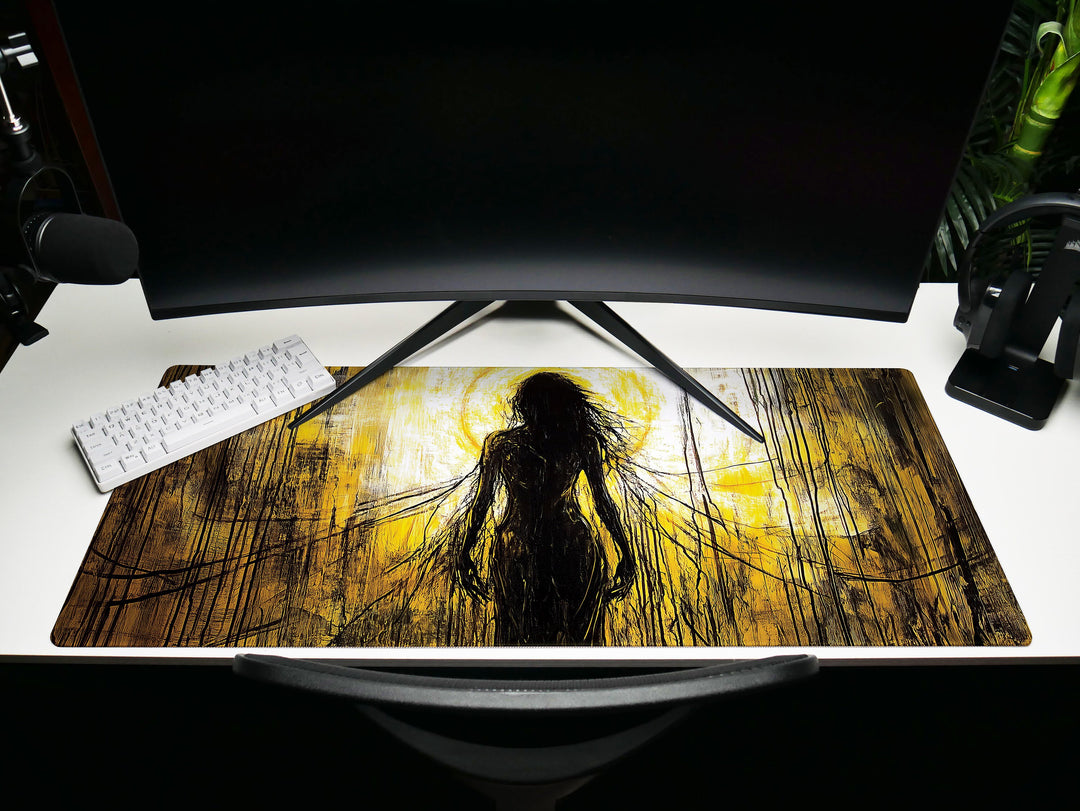 Veil of Shadows, Desk Pad, Mouse Pad, Desk Mat, Haunting Female Silhouette, Creepy Art, Neon Yellow and Black