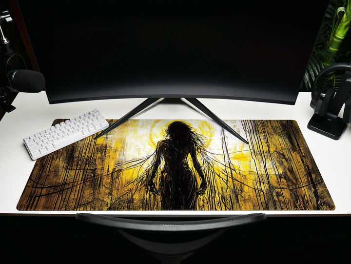 Veil of Shadows, Desk Pad, Mouse Pad, Desk Mat, Haunting Female Silhouette, Creepy Art, Neon Yellow and Black