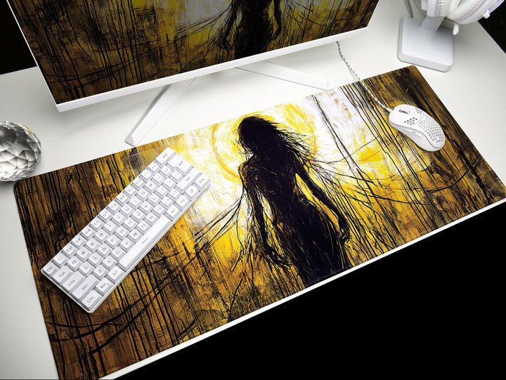 Veil of Shadows, Desk Pad, Mouse Pad, Desk Mat, Haunting Female Silhouette, Creepy Art, Neon Yellow and Black