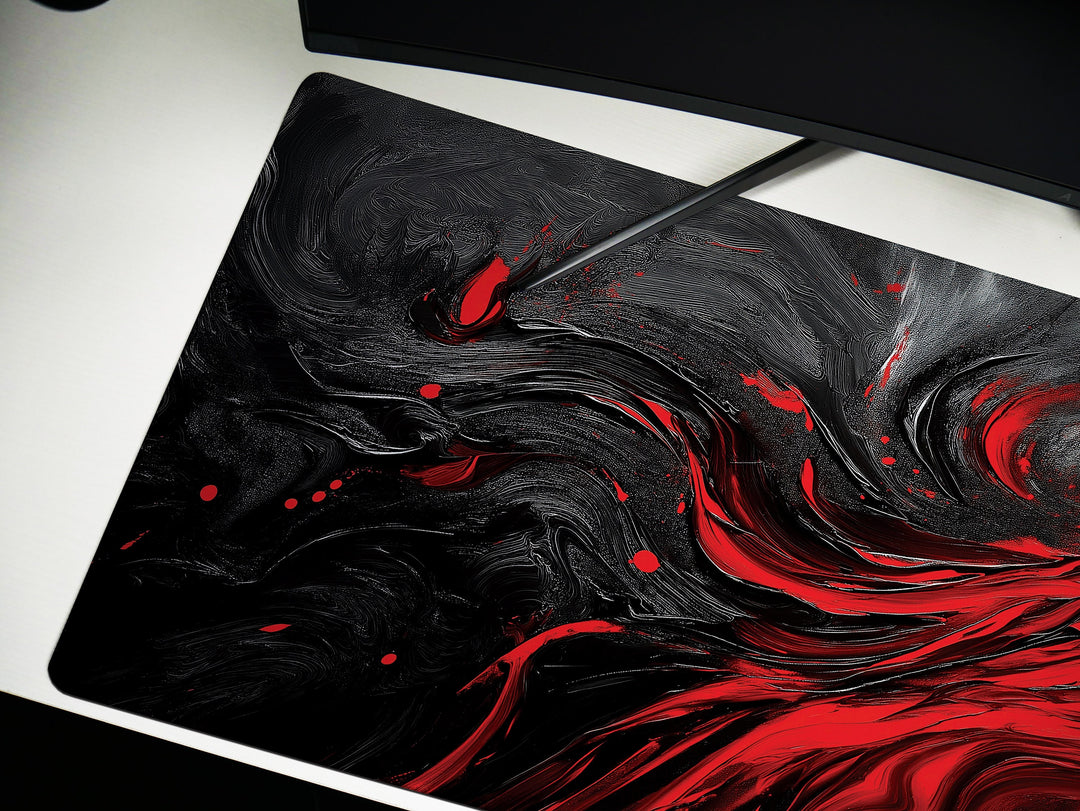 Crimson Vortex, Desk Pad, Mouse Pad, Desk Mat, Abstract Red Swirl, Dynamic Energy, Artistic Office Accessory