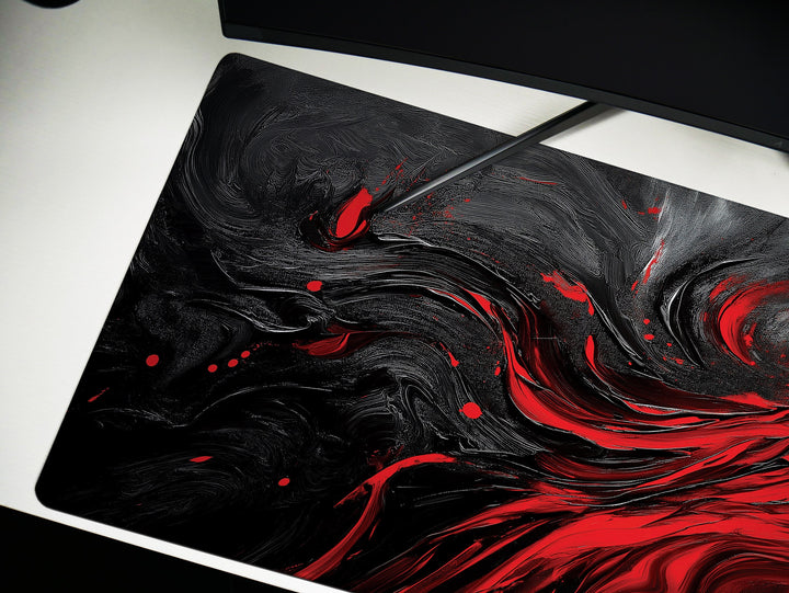 Crimson Vortex, Desk Pad, Mouse Pad, Desk Mat, Abstract Red Swirl, Dynamic Energy, Artistic Office Accessory