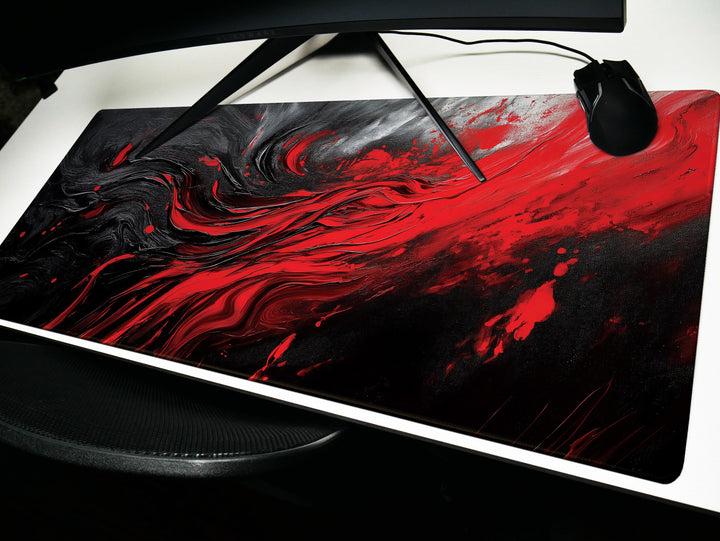 Crimson Vortex, Desk Pad, Mouse Pad, Desk Mat, Abstract Red Swirl, Dynamic Energy, Artistic Office Accessory