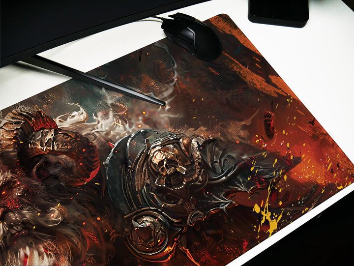 Infernal Warlord, Desk Pad, Mouse Pad, Desk Mat, Fiery Horned Beast, Fantasy Artwork, Warrior's Fury, Dark Mythology