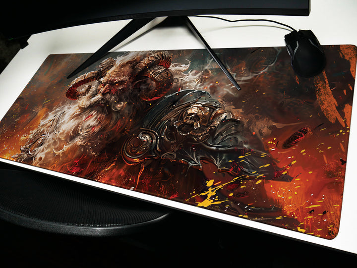 Infernal Warlord, Desk Pad, Mouse Pad, Desk Mat, Fiery Horned Beast, Fantasy Artwork, Warrior's Fury, Dark Mythology