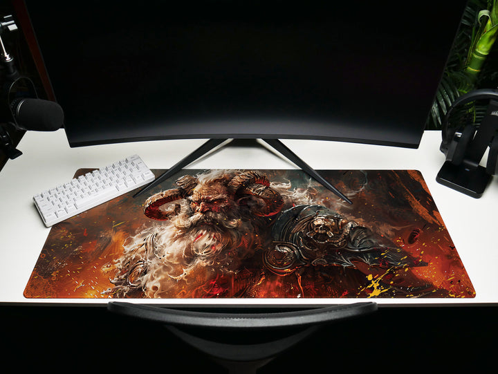 Infernal Warlord, Desk Pad, Mouse Pad, Desk Mat, Fiery Horned Beast, Fantasy Artwork, Warrior's Fury, Dark Mythology