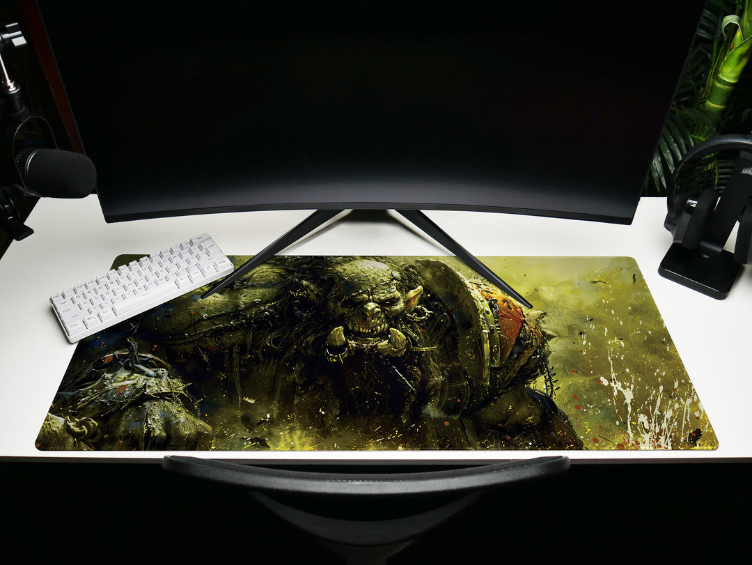 Savage Orc Warlord, Desk Pad, Mouse Pad, Desk Mat, Green-Skinned Brute, War-Torn Battleground, Epic Fantasy, Orc Warrior