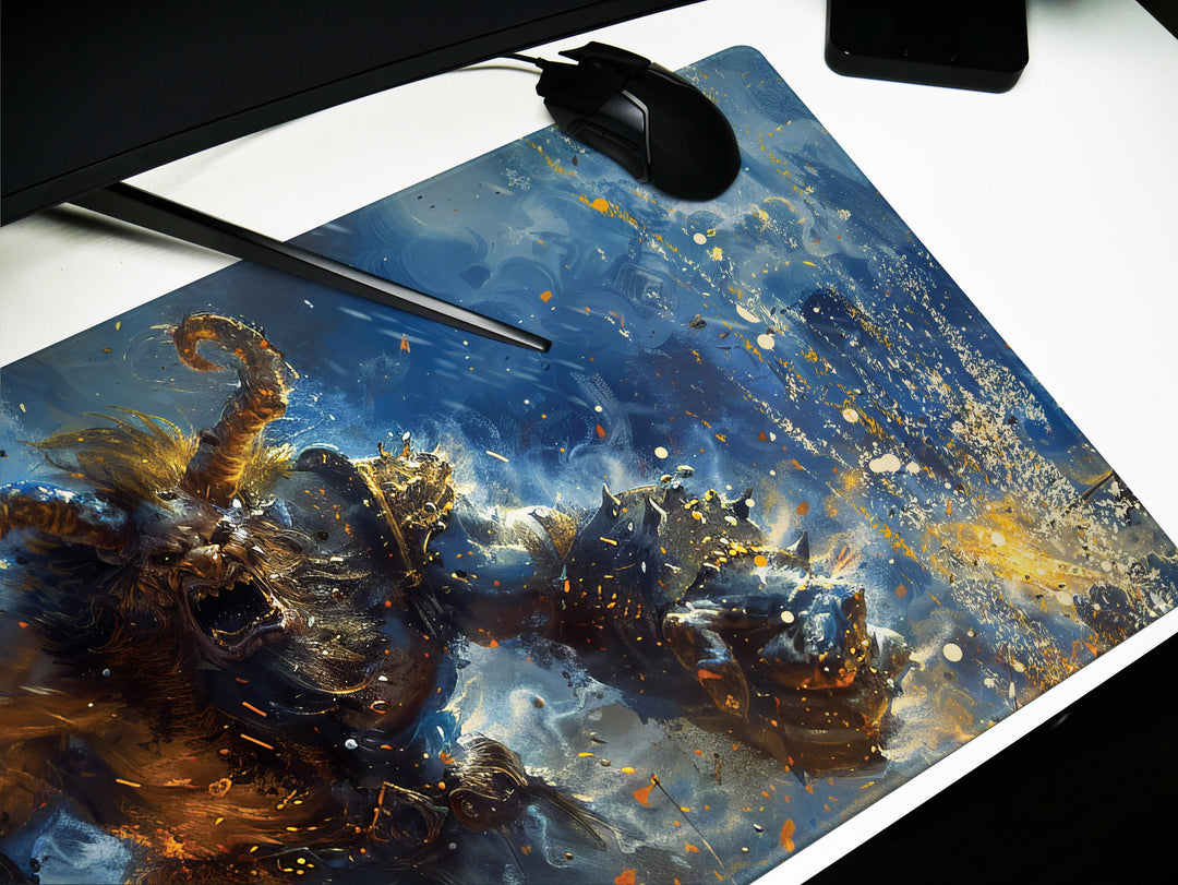 Molten Fury Beast, Desk Pad, Mouse Pad, Desk Mat, Fiery Giant, Lava-Infused Armor, Fantasy Battle, Unleashed Power