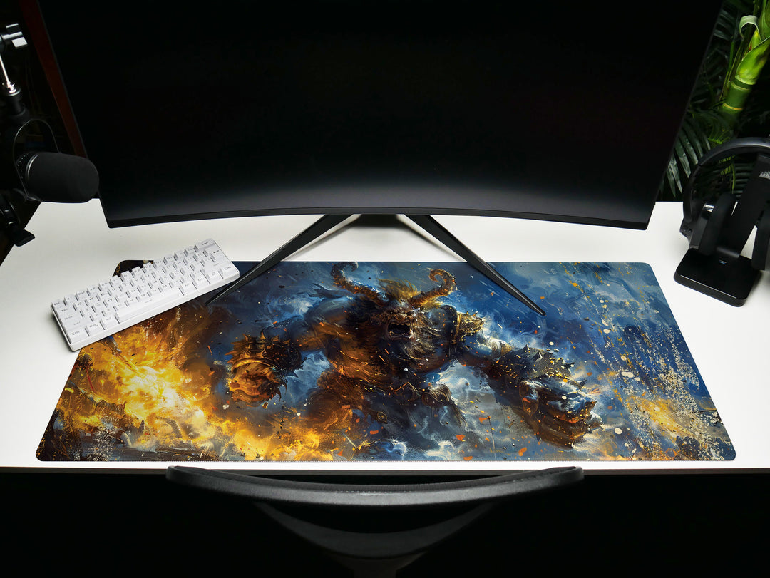 Molten Fury Beast, Desk Pad, Mouse Pad, Desk Mat, Fiery Giant, Lava-Infused Armor, Fantasy Battle, Unleashed Power