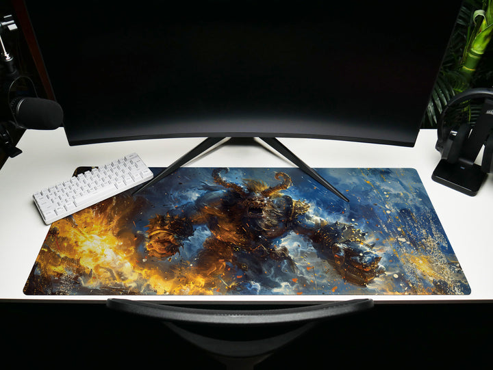 Molten Fury Beast, Desk Pad, Mouse Pad, Desk Mat, Fiery Giant, Lava-Infused Armor, Fantasy Battle, Unleashed Power