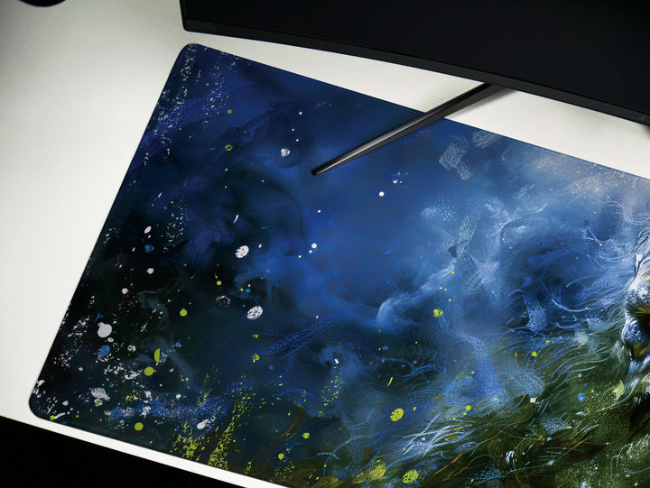Shadowed Dwarf Champion, Desk Pad, Mouse Pad, Desk Mat, Mystic Blue Aura, Fantasy Warrior, Ancient Defender, Dark Magic