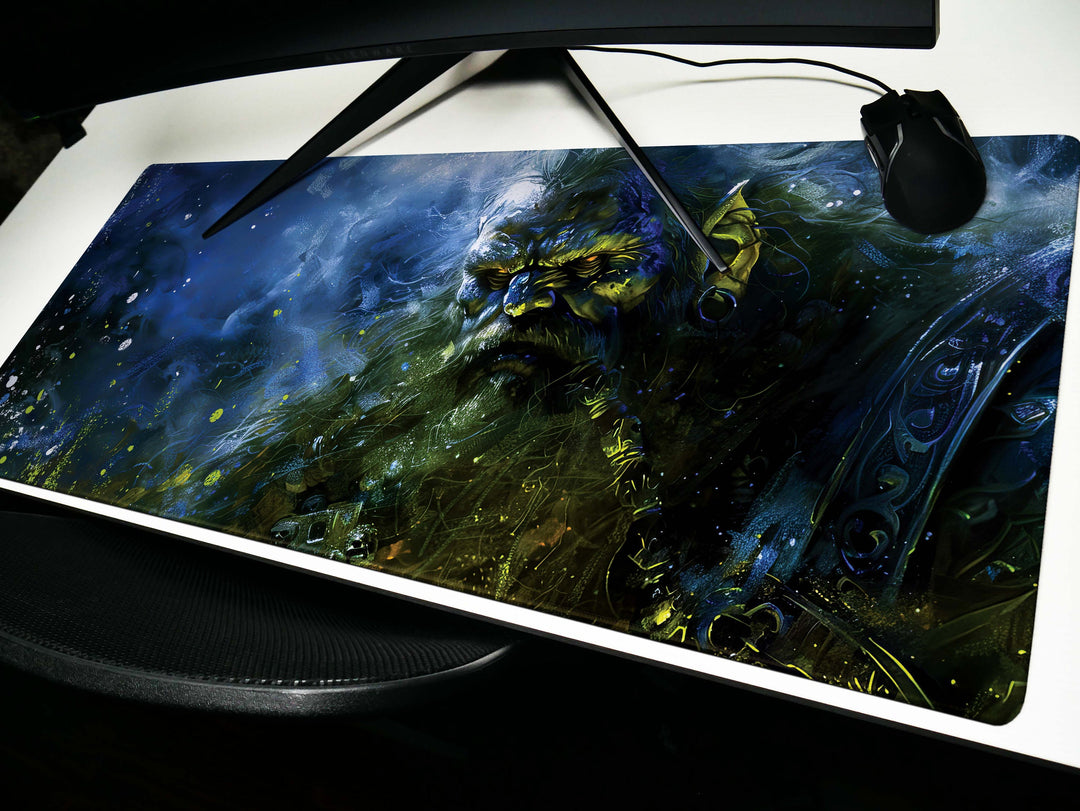 Shadowed Dwarf Champion, Desk Pad, Mouse Pad, Desk Mat, Mystic Blue Aura, Fantasy Warrior, Ancient Defender, Dark Magic