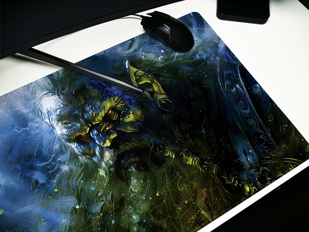 Shadowed Dwarf Champion, Desk Pad, Mouse Pad, Desk Mat, Mystic Blue Aura, Fantasy Warrior, Ancient Defender, Dark Magic