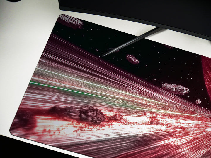 Warp Speed Chase, Desk Pad, Mouse Pad, Desk Mat, High-Velocity Space Pursuit, Sci-Fi Action, Galactic Escape