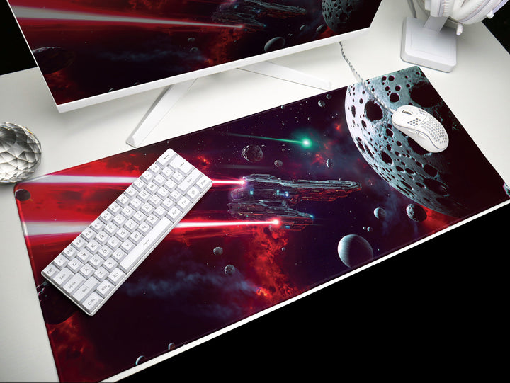 Asteroid Field Encounter, Desk Pad, Mouse Pad, Desk Mat, Intense Space Battle, Cosmic Conflict, Sci-Fi Adventure