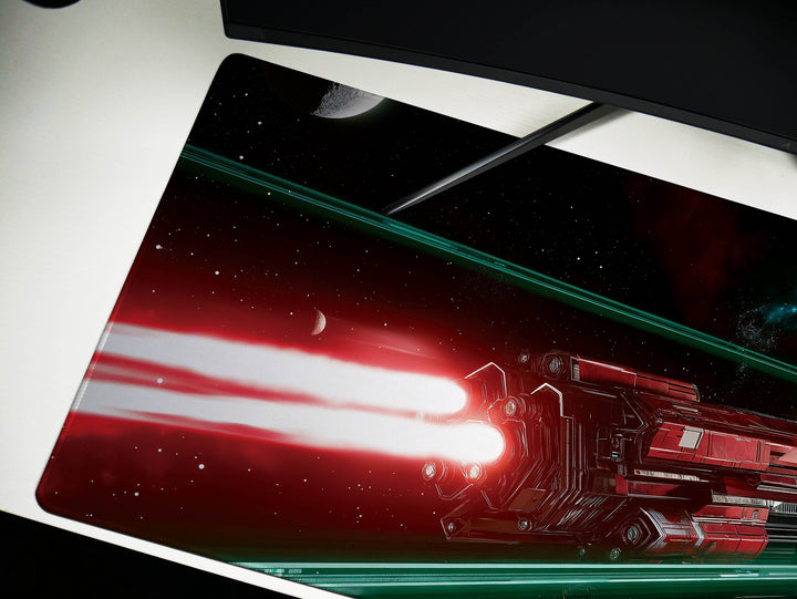 Space Battle Cruiser, Desk Pad, Mouse Pad, Desk Mat, Epic Sci-Fi Combat, Red and Green Laser Beams, Futuristic Spaceships