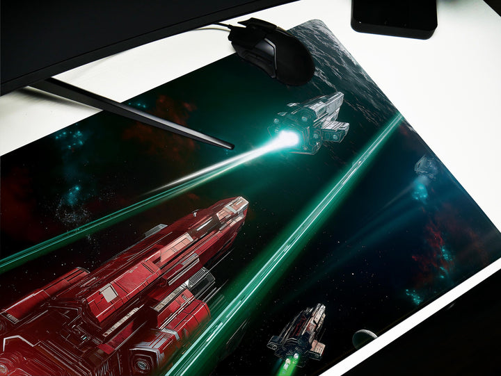 Space Battle Cruiser, Desk Pad, Mouse Pad, Desk Mat, Epic Sci-Fi Combat, Red and Green Laser Beams, Futuristic Spaceships